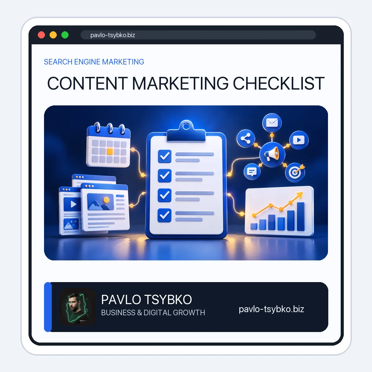 Content marketing checklist with a calendar, content pages, distribution channels, and analytics