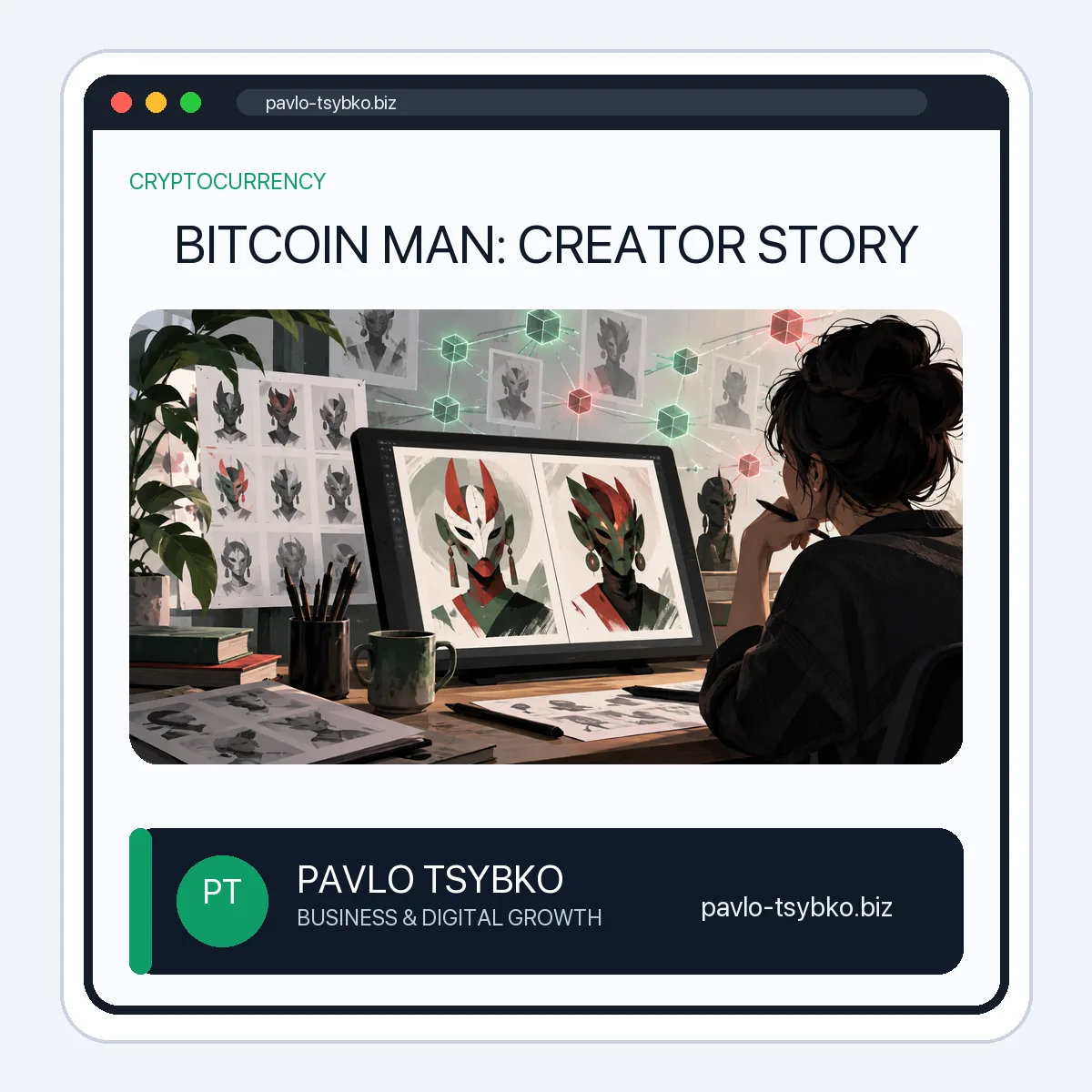 Illustration of a creator reviewing red-and-green mask-inspired digital character sketches