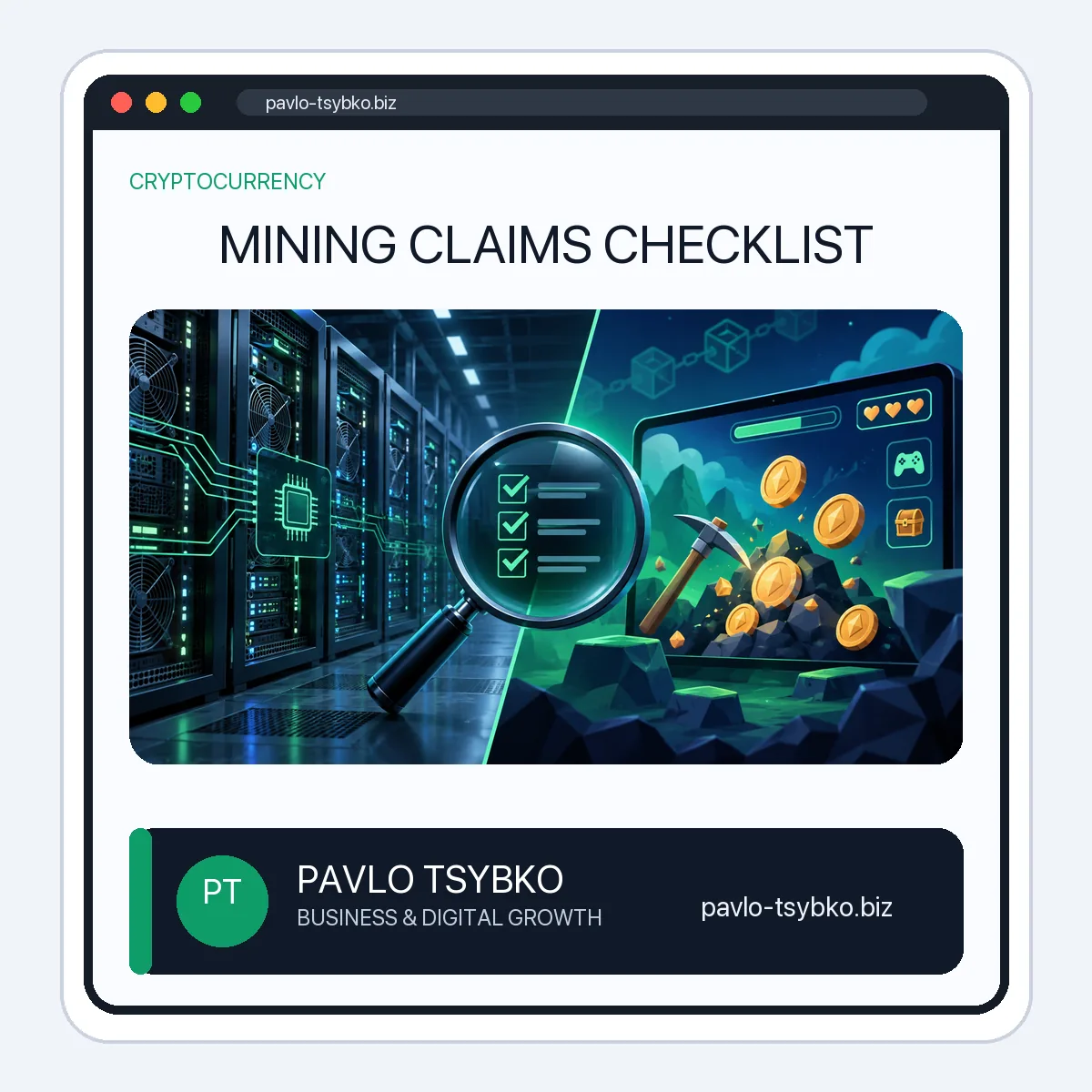 Visual comparison of server-based mining and a mining game with verification checklist