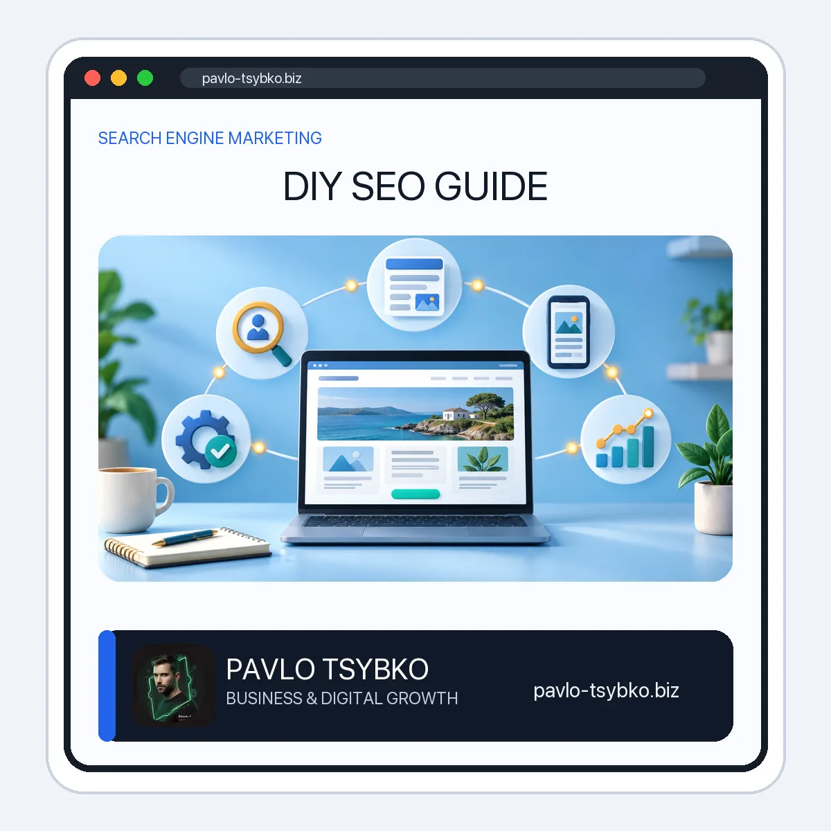 DIY SEO guide illustration showing a small business website with content, mobile, technical checks and measurement