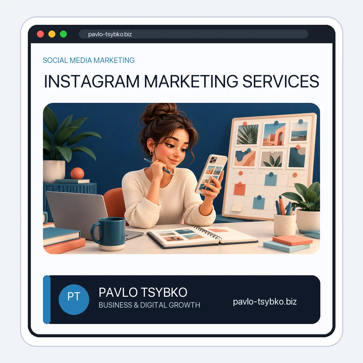 Business owner planning Instagram content and advertising with a visual content board