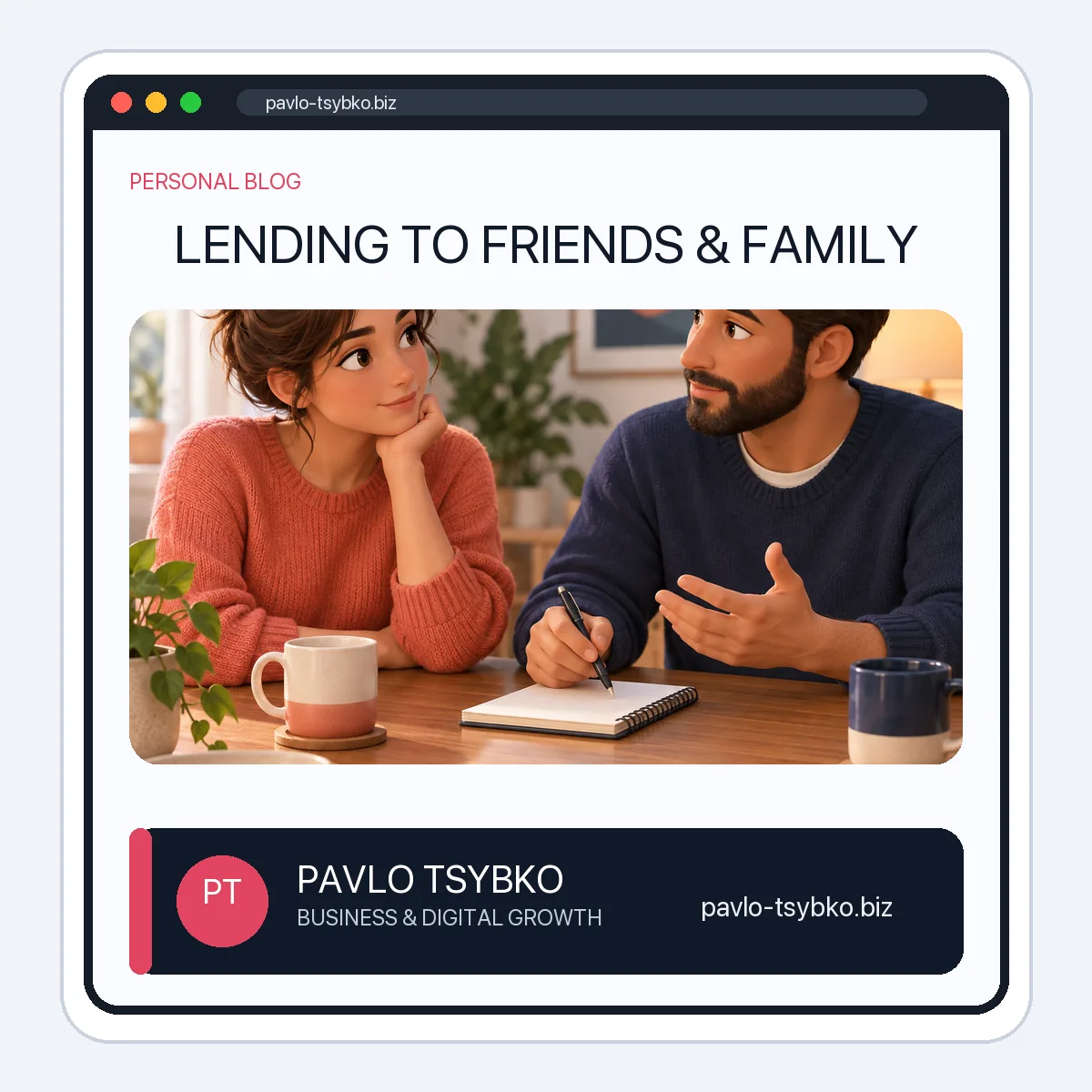 Two people calmly discussing a personal lending decision and writing down expectations