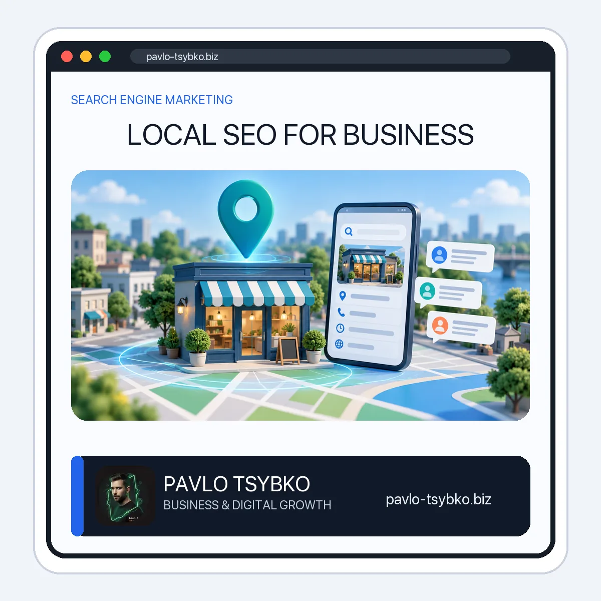 Local SEO illustration showing a neighborhood storefront, map pin, mobile business profile and customer feedback