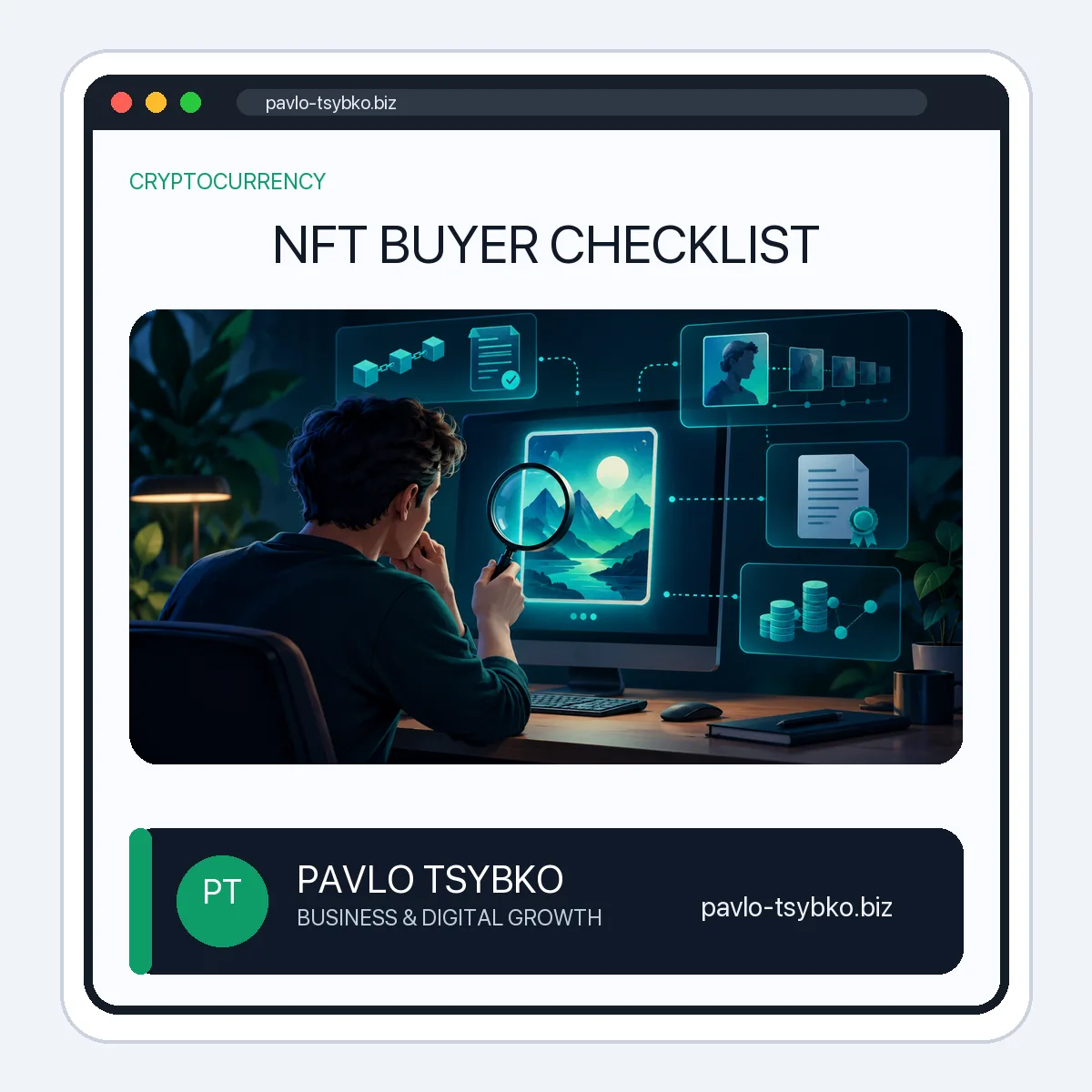 Illustration of a buyer checking a digital artwork, its provenance and rights before purchase