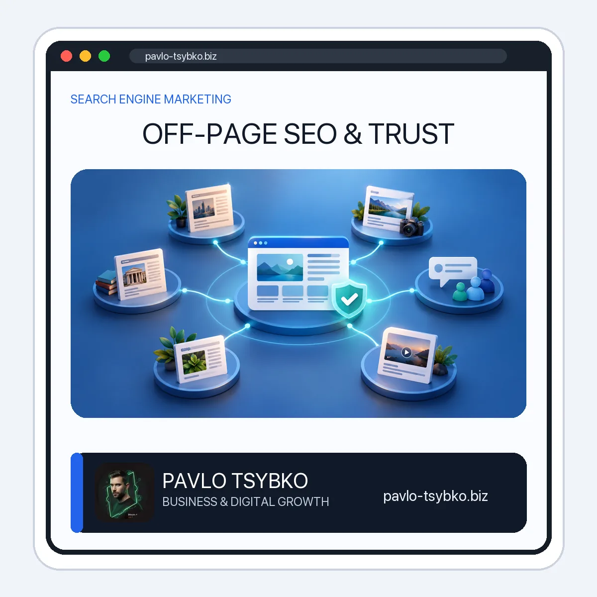 Off-page SEO illustration showing a business website connected to relevant publishers and community mentions