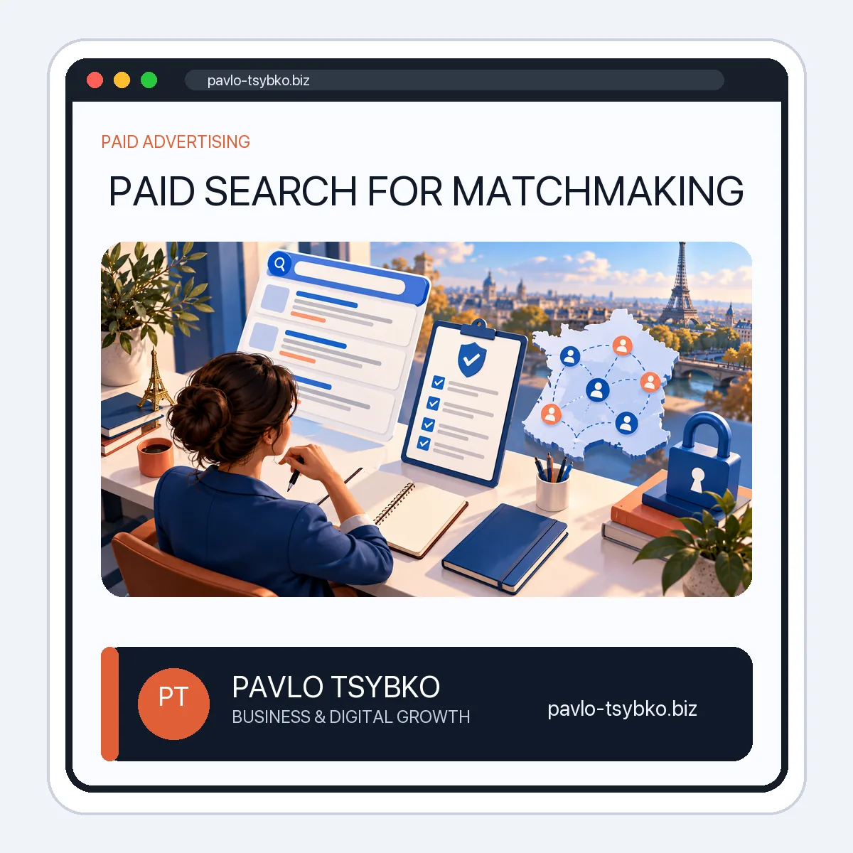 Marketer reviewing a paid-search policy checklist, privacy lock and France market illustration