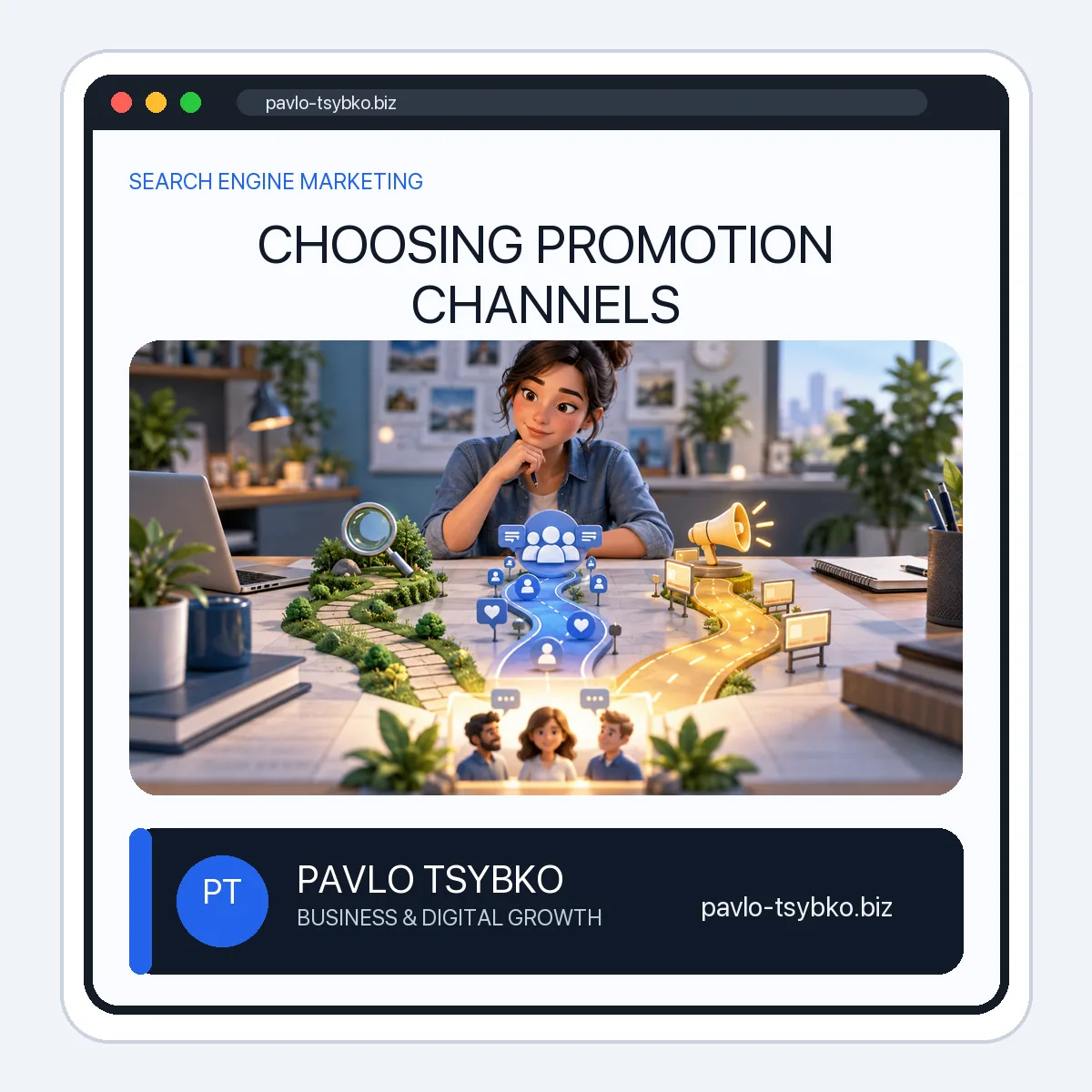 Small business owner comparing search, social and paid promotion paths toward customer inquiries