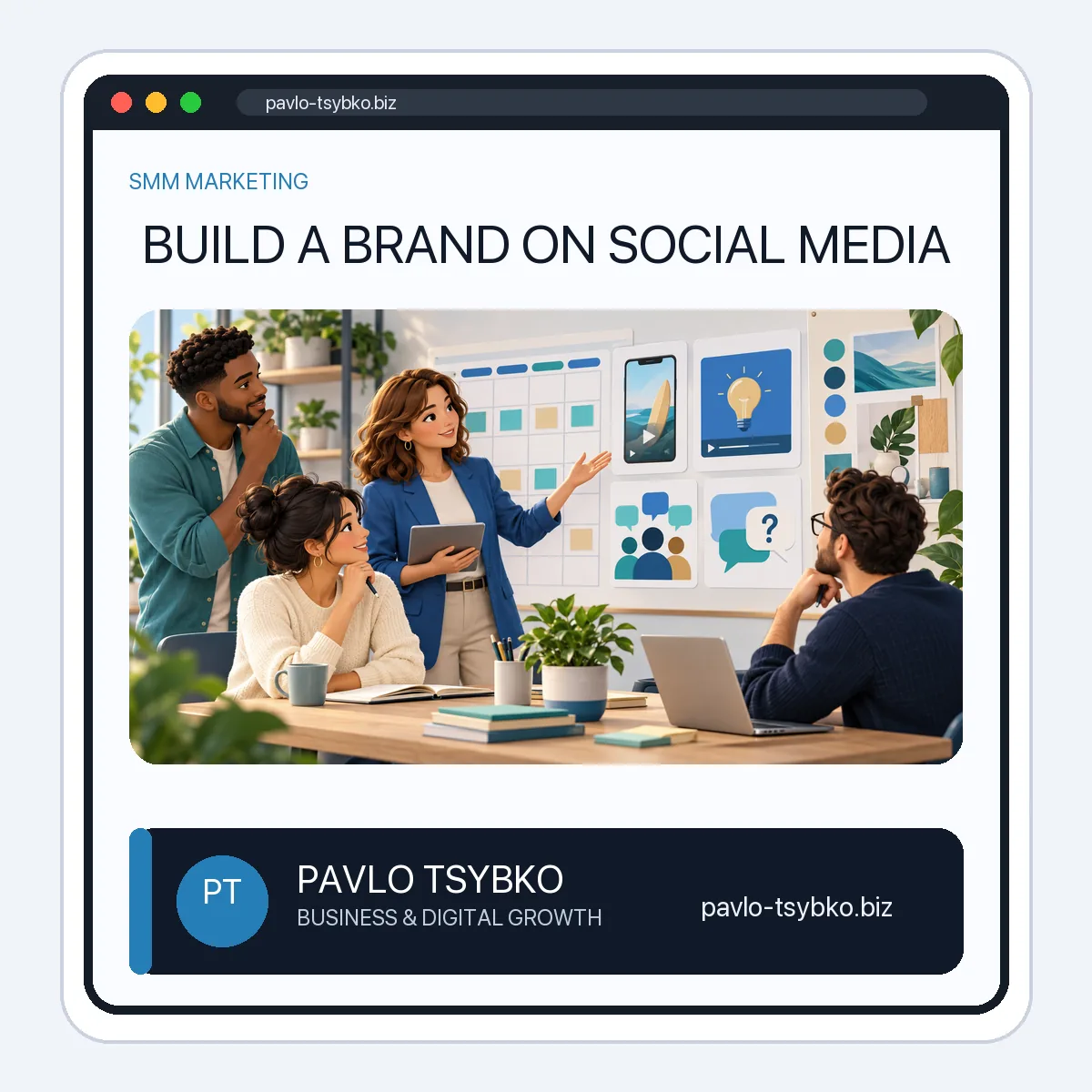 Small service-business team planning a social media content calendar and brand messages