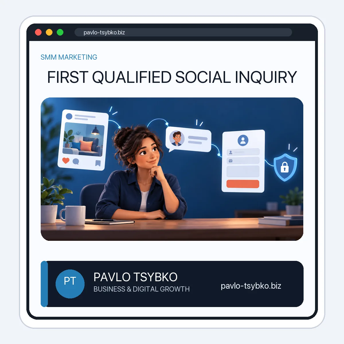 Service-business owner reviewing the path from a social post to a customer inquiry and a private contact form