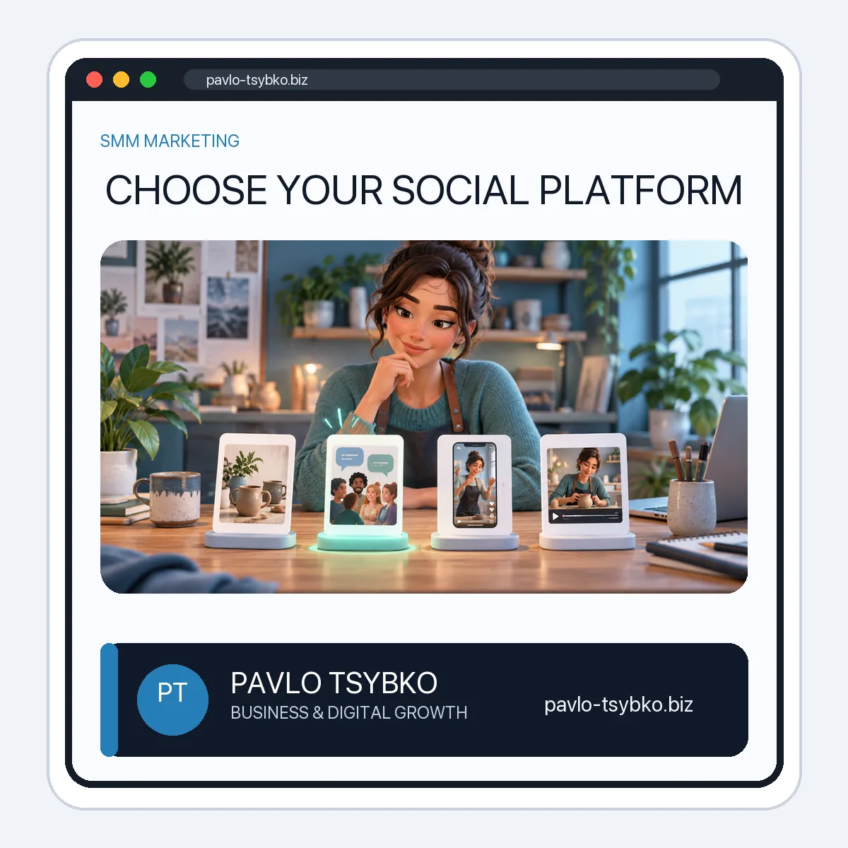 Business owner comparing visual posts, community conversations, short video and educational video formats