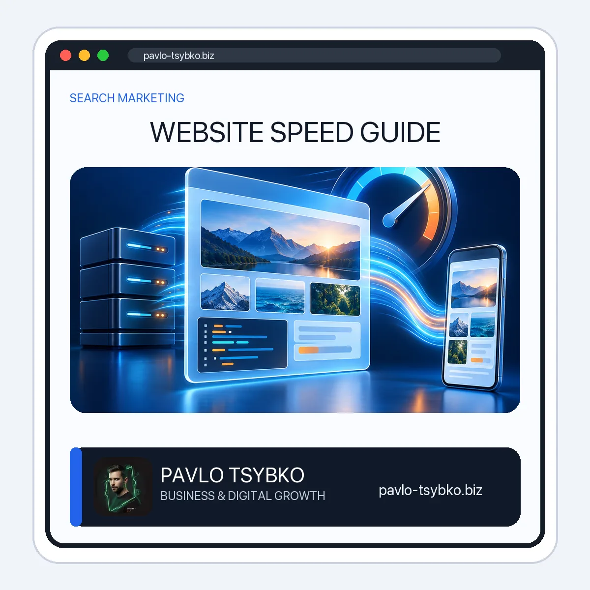 Website speed illustration with a web page, server, mobile device, and performance gauge